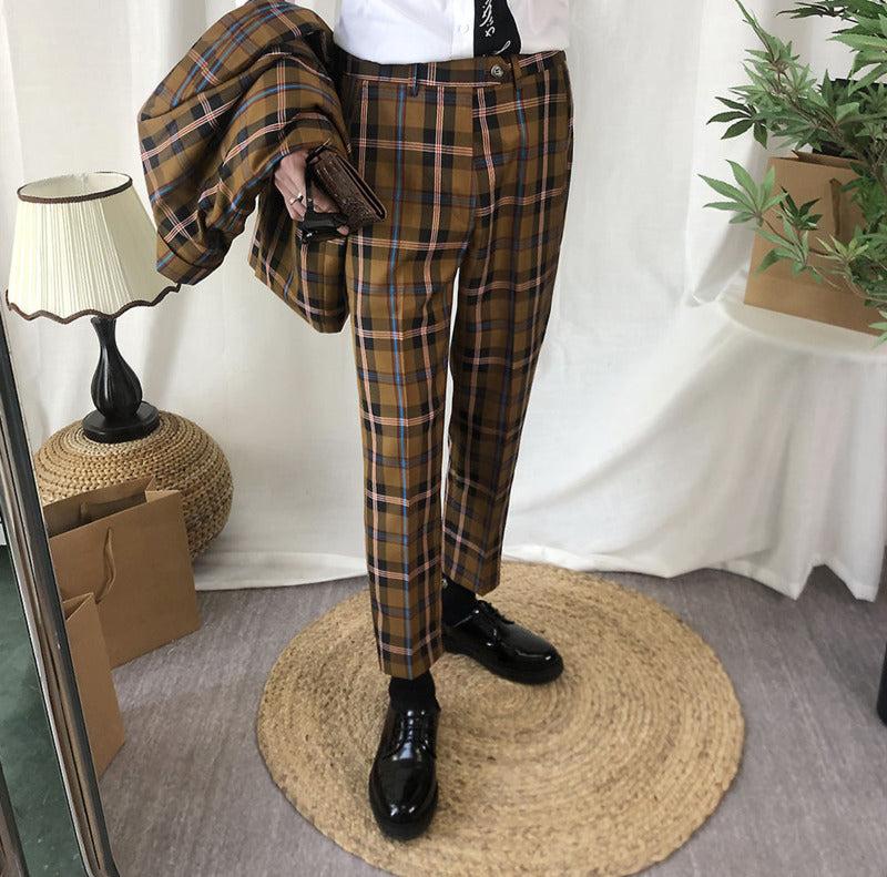 Suits & Blazers Spring And Autumn Youth Men&#039;s Personality Color Matching Lattice Trousers Fashion Casual Straight Pants