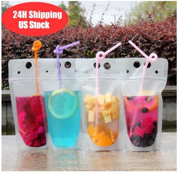 DHL Disposable 24H ship Clear Drinks Pouches Bags Plastic Drinking Bag with Straw Reclosable Heat-Proof Juice Coffee Liquid Bags GG0221