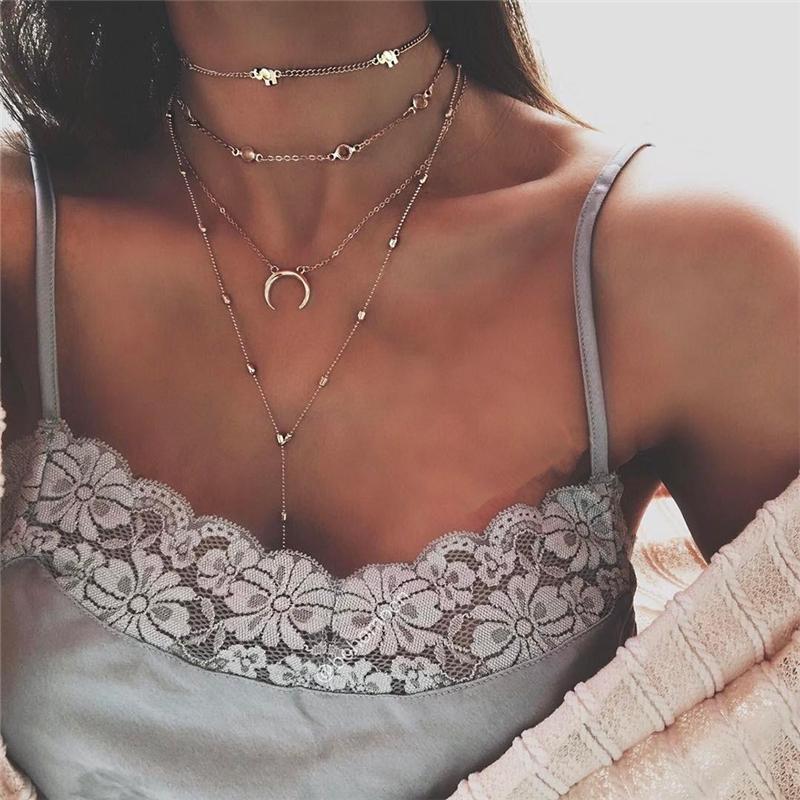 Pendant Necklaces Multi-Layer Bead Crescent Moon Necklace Bohemian Clavicle Chain Horn Coin Choker For Women Girls