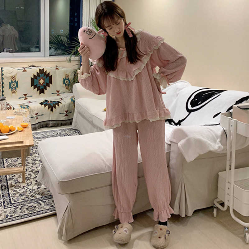 Women&#039;s Sleepwear Cute Women Pijamas Set Cotton Soft Girls Kawaii Lace Stitching Sleeve Ruffle Pajamas Top Pants Sets pyjamas femm