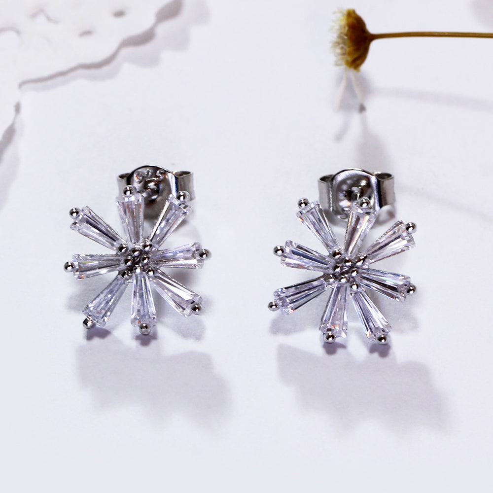 Pure 925 Silver Stud Earrings With Long Shape Shiny Cubic Zircon Flower Beautiful Fine Jewellery For Girl