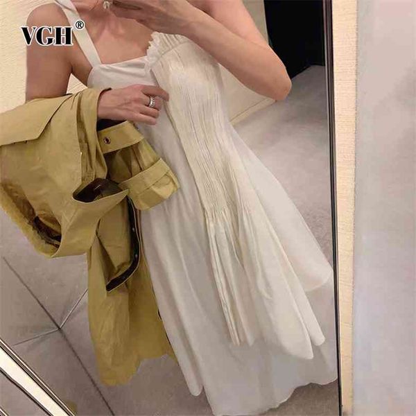White Elegant Asymmetrical Sling Dress For Women Square Collar Sleeveless High Waist Casual Loose Maxi Dresses Female Summer 210531
