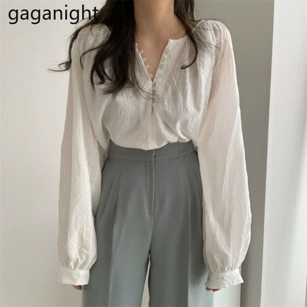 Elegant O Neck Blouse Black White Shirt Office Ladies Tops Casual Vintage Single-Breasted Long Sleeve Womens Blouses 210601