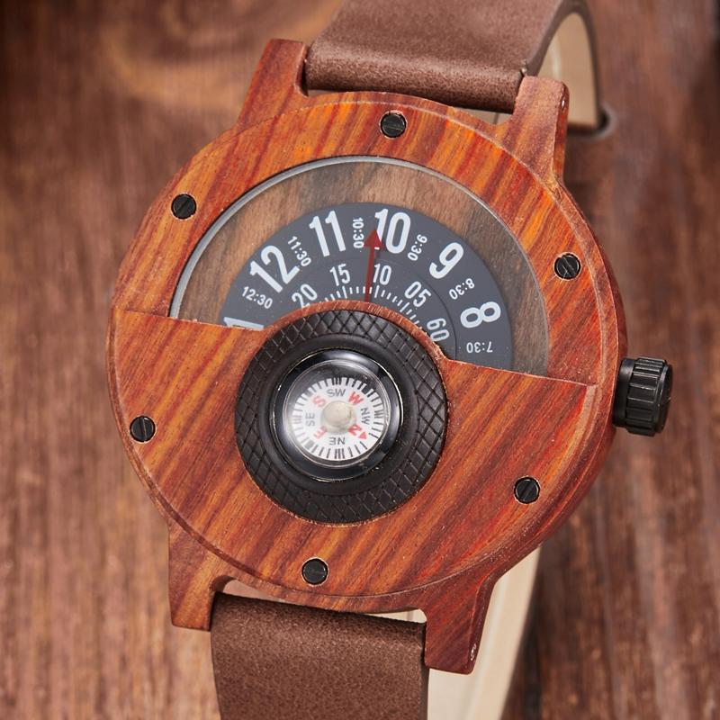Wristwatches Creative Wooden Watch Men Wrist Watches Real Solid Natural Walnut Wood Rosewood Male Turntable Compass Wristwatch Clock