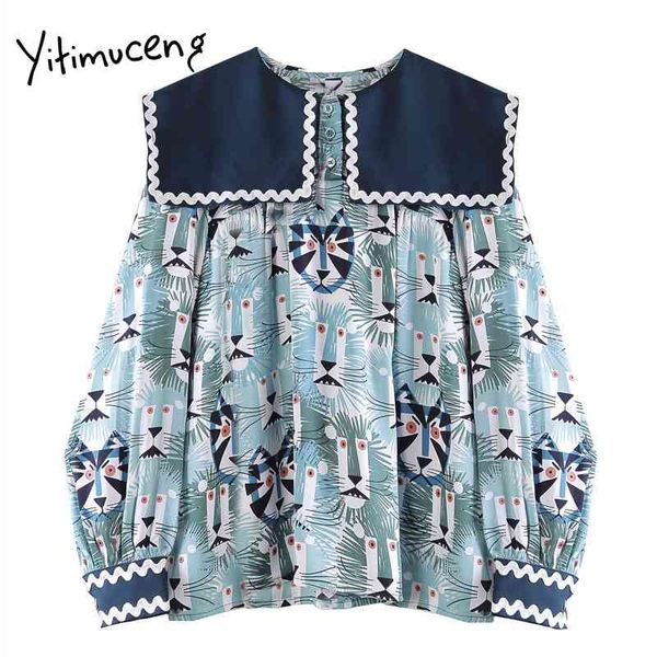 Yitimuceng Floral Print Blouse Women Button Shirts Loose Spring Fashion Korean Sailor Collar Long Sleeve Office Lady Tops 210601
