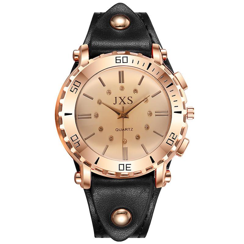 Wristwatches Est Gear Side Drill Nail Double Circle Engraved Ladies Watch Leather Strap Rhinestone Dress Woman Age Girl Luxury Gmt*A