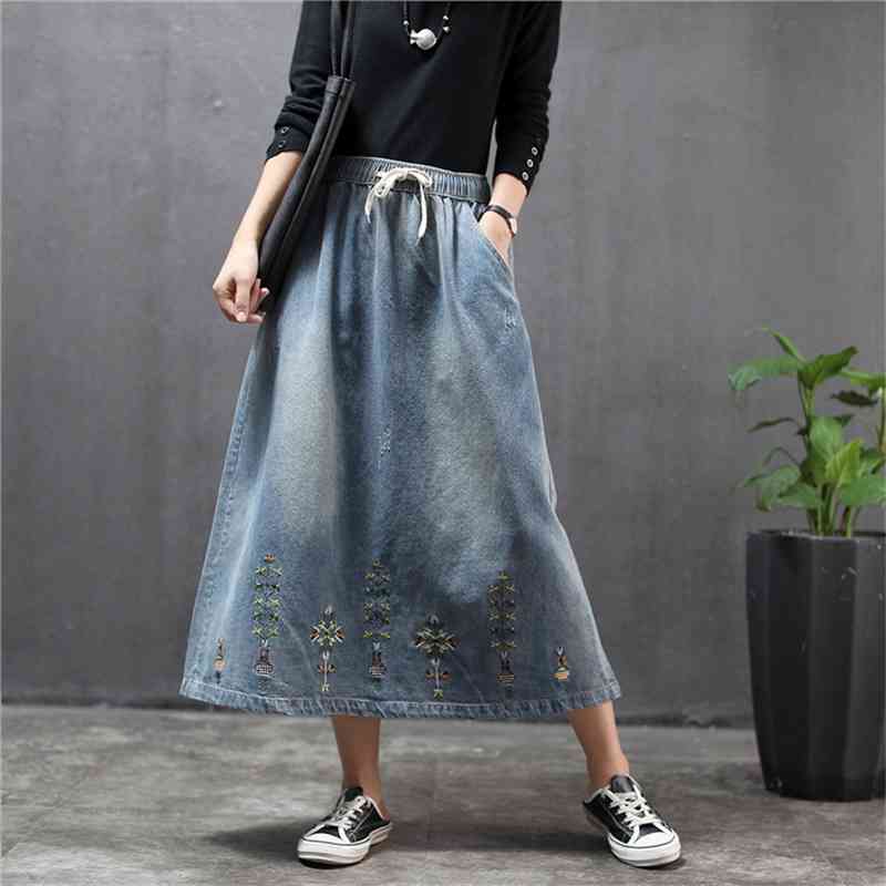 Skirts Faldas largas vaqueras de talla gran para mujer, S18faldas estilo clsico con bordado gran tama?o CK41
