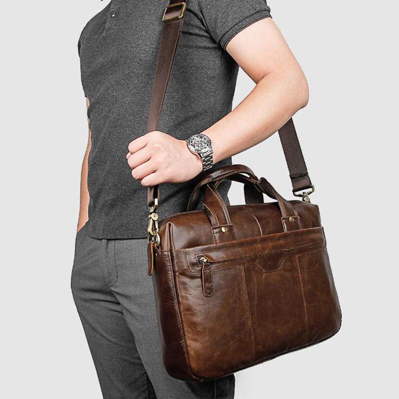 Briefcases Portfolio Men&#039;s Bag Cowhide Leather Handbag Messenger For Documents A4 Shoulder Laptop 15 Business Travel Totes