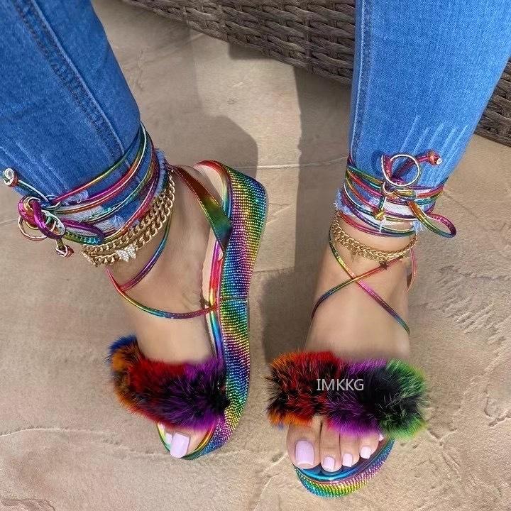 Dress Shoes 2021 Women Furry Platform Sandals Woman Rainbow Rhinestone Cross Tied Glitter Bling High Heels Ladies Ankle Strap Size 43
