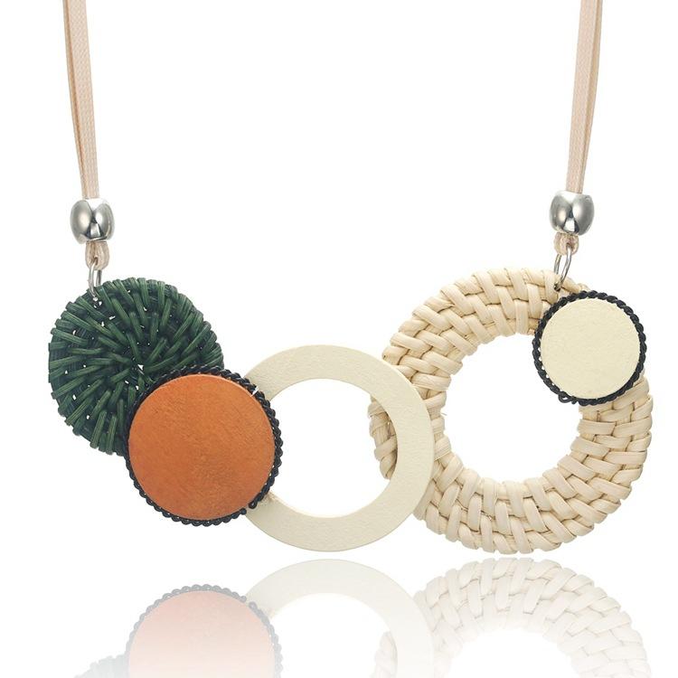 Chokers Fashion Handmade Plant Fibres Necklace For Women Bamboo Weaving Wooden Acrylic Necklaces Geometric Pendants Jewelry