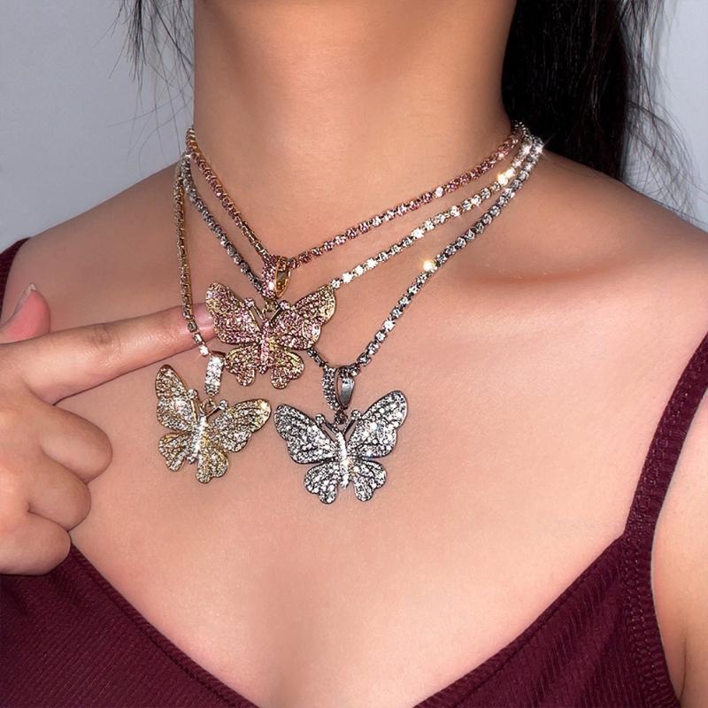 Chains 2021 Fashion Crystal Big Butterfly Pendant Necklaces For Women Pink Rhinestone Tennis Chain Choker Personality Jewelry