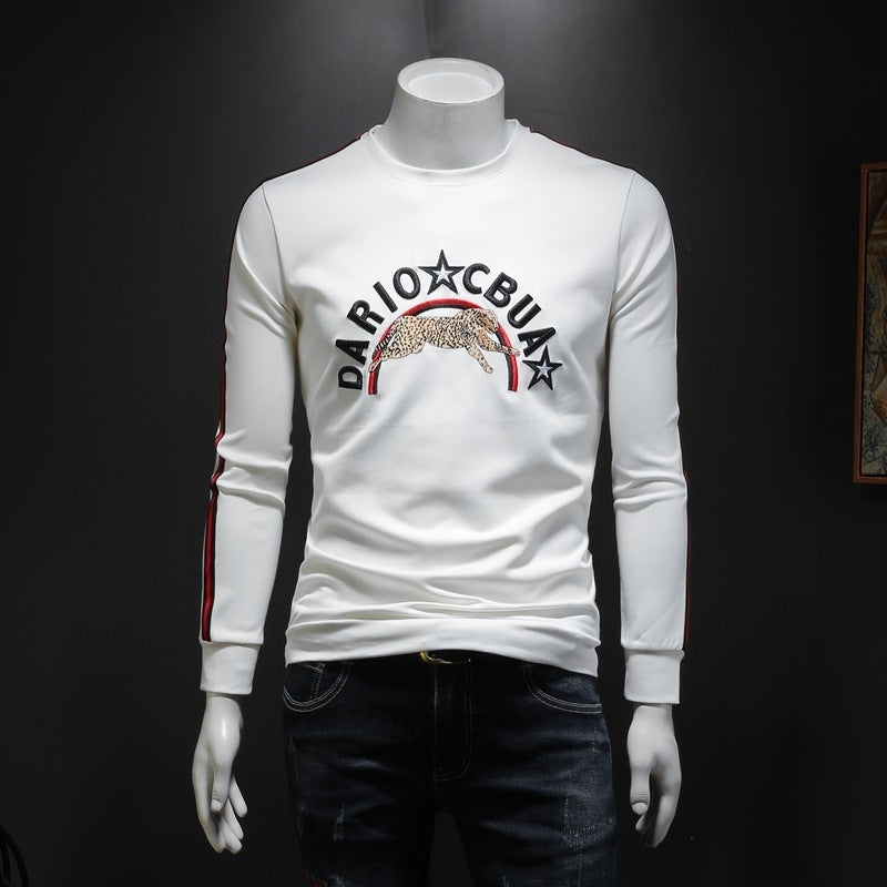 2021 new long sleeve top Korean versatile embroidered leopard youth autumn fashion men&#039;s sweater