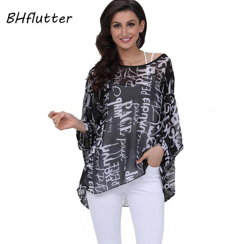 Women&#039;s Blouses & Shirts BHtter 4XL 5XL 6XL Plus Size Women Clothing Chiffon Blouse Shirt Batwing Sleeve Letters Print Summer Tops