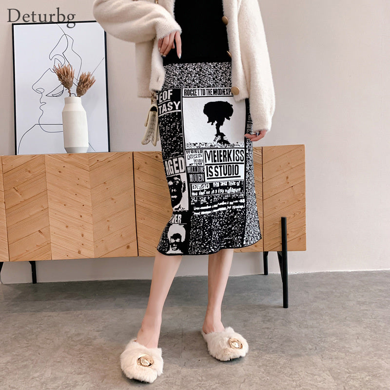 Casual Dresses Women&#039;s Fashion Letters Print Pencil Skirt Female Korean High Waist Flexible Knitted Black Midi Skirts Winter SK435