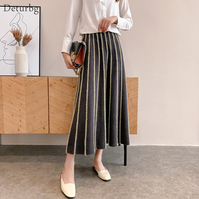 Casual Dresses Women&#039;s Elegant Striped Knitted Midi Skirt Female High Waist Mink Cashmere Thickened Warm Skirts Saias Winter SK432
