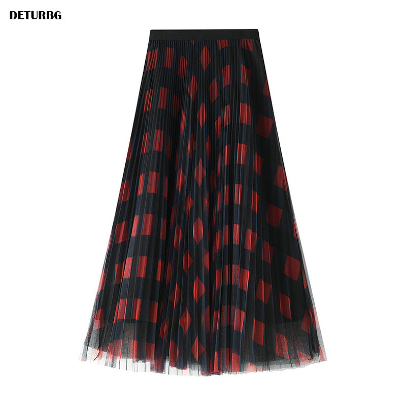 Casual Dresses Women Elegant Plaid Midi Tulle Skirt Korean Ladies High Waist Pleated 3 Layers Mesh A-line Skirts Spring Saias SK50