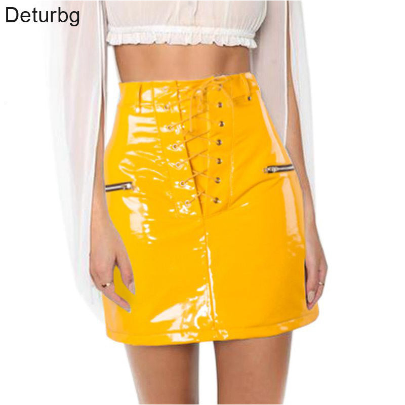 Casual Dresses Deturbg Women&#039;s Fashion Lace-up Tied Mini Skirt High Waist Zipper Faux Leather Shining Yellow Flocking Skirts Sprin