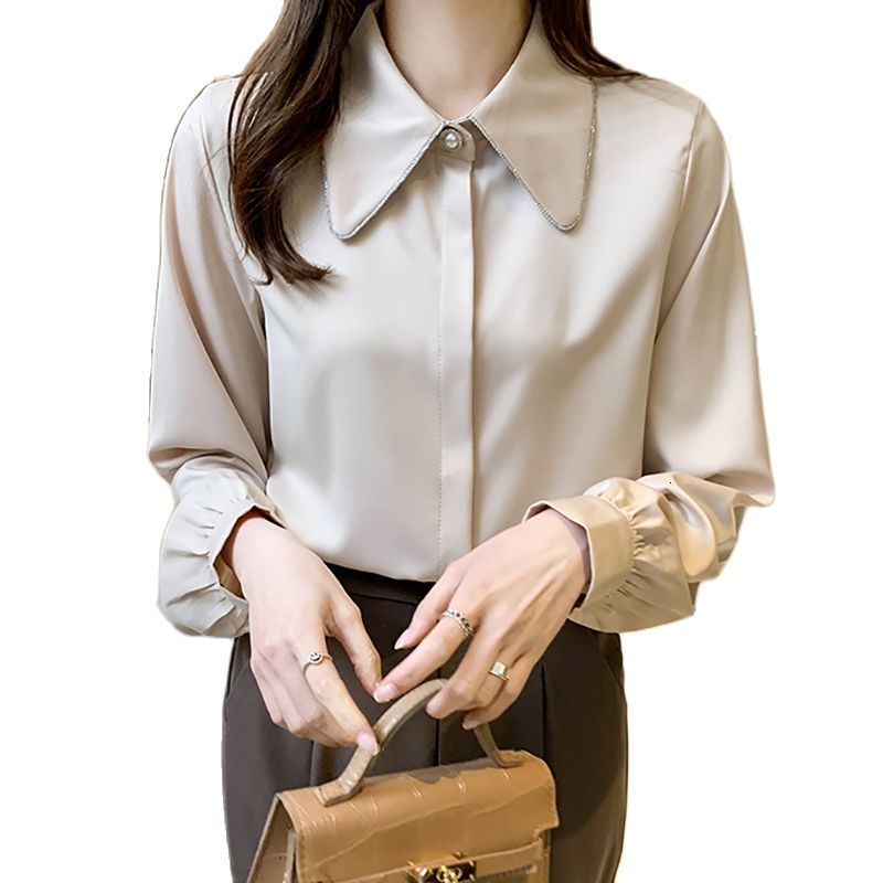 Women&#039;s Blouses & Shirts Blusas y Camisas Fashion Women Satin Blouse summer Beading Womens POLO Collar Plus Size Long Sleeve Whit