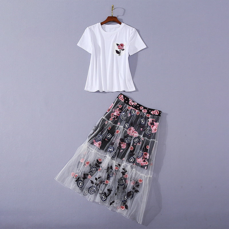 Two Piece Dress European and American women&#039;s wear summer style Short sleeve ironing drill T-shirt Rose print embroidered skirt suit VAV3