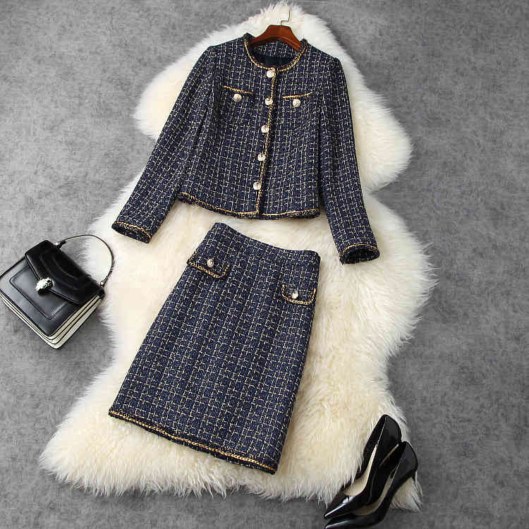 Two Piece Dress Europe and the United States women&#039;s winter Long sleeve coat buttons skirts fashion Blue tweed suit 8FUQ