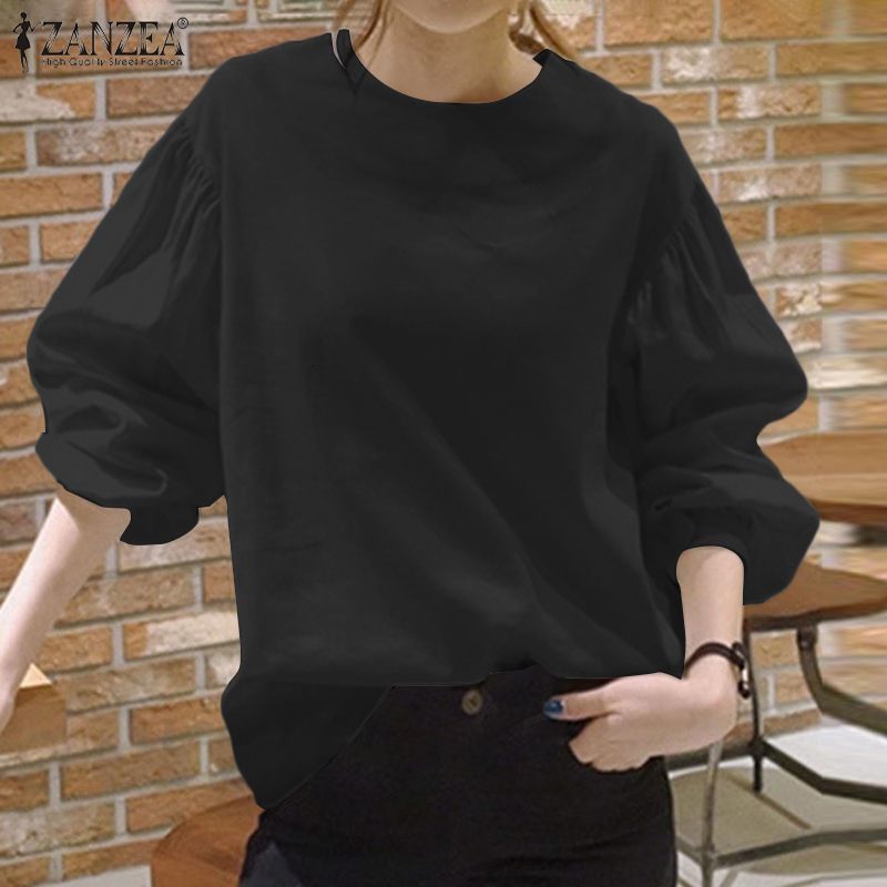 Two Piece Dress Women Casual Work Blouse Long Puff Sleeve Solid Tops Spring Office Plain Shirts Fashion Cotton OL Zip Chemise Plus