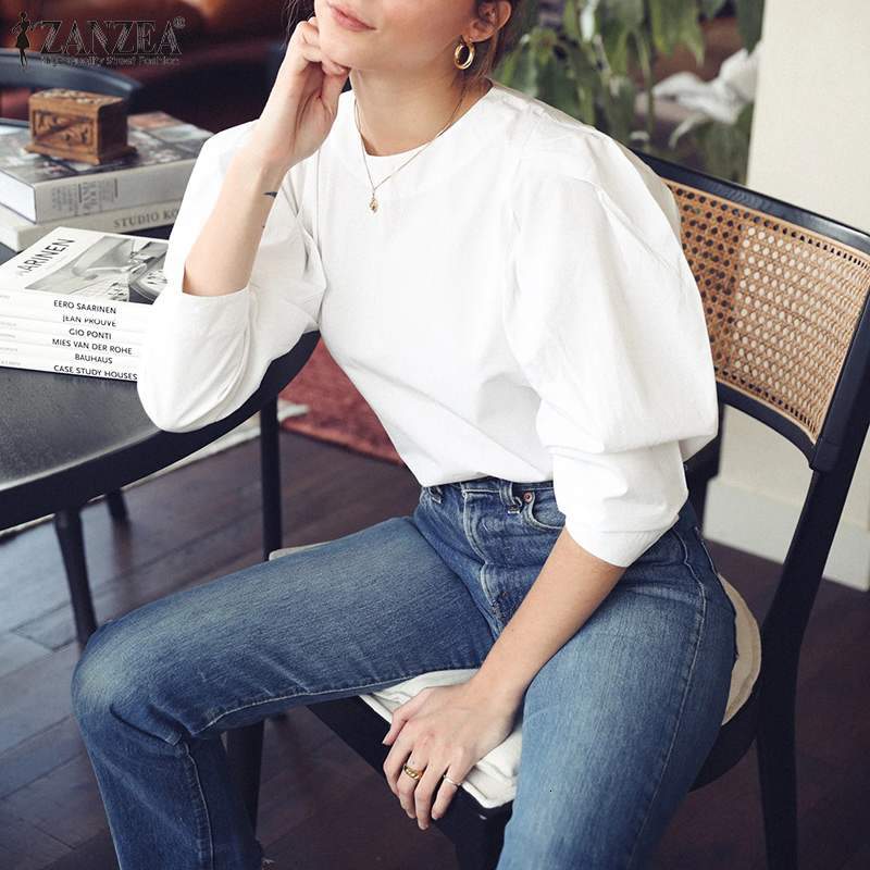 Two Piece Dress 2021 Autumn OL Back Zipper Tops Fashion Women Blouses Casual Solid O-neck Puff Sleeve Tunic Ladies Blusa Femininas