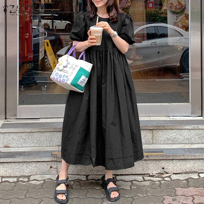 Women&#039;s Blouses & Shirts Summer Dress Casual Short Puff Sleeve Sundress Solid Party 2021 Women ZANZEA Maxi A-Line Pleated Vestidos