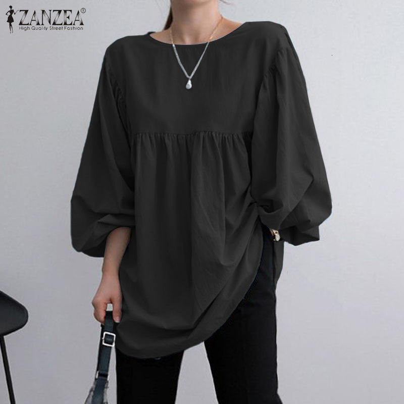 Women&#039;s Polos ZANZEA Women Office Long Puff Sleeve Blouse Elegant Blusa Femininas Back Buttons Plain Loose Shirts Casual Solid Top