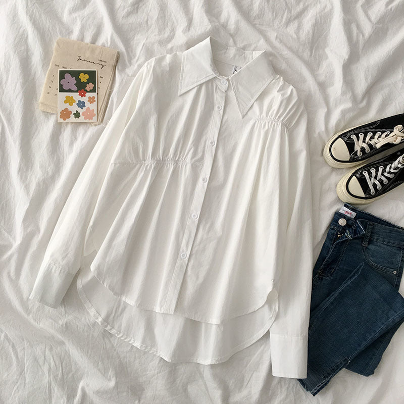 Women&#039;s Tanks & Camis Womens Korean Style High Low White Design Cotton Casual Loose Long Sleeve Shirt Blouses HSDN