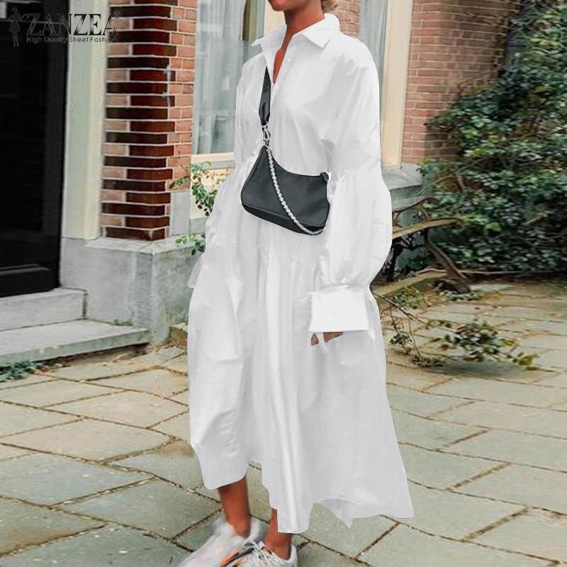 Women&#039;s Blouses & Shirts Casual Lapel Neck Long Puff Sleeve Sundress ZANZEA Fashion Women Shirt Dress Autumn Loose Ruffles Solid P