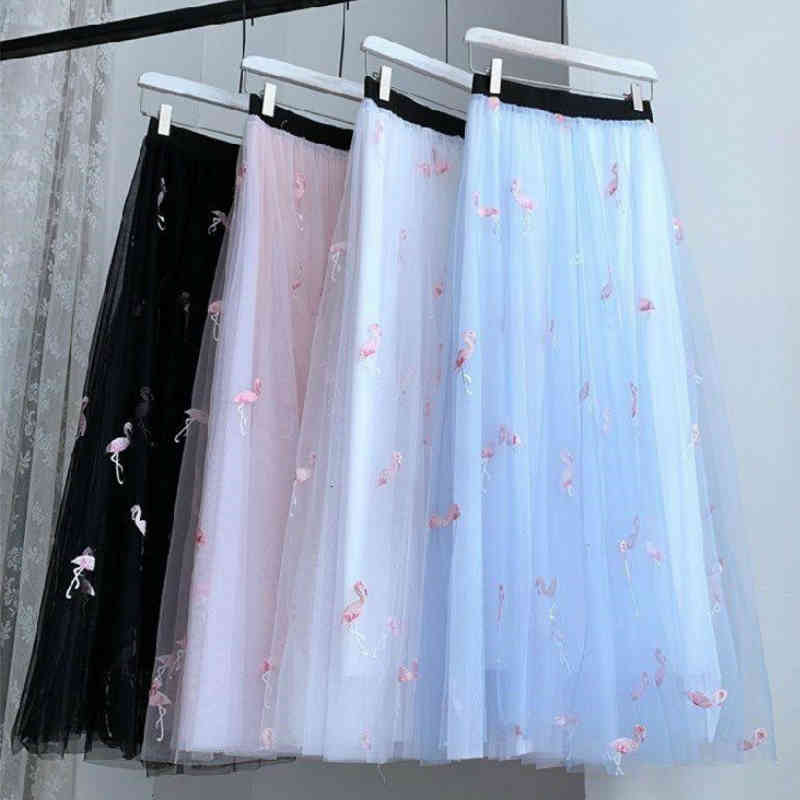 Skirts Women Fairy Embroidered Flamingos Maxi Long Tulle 2TRB