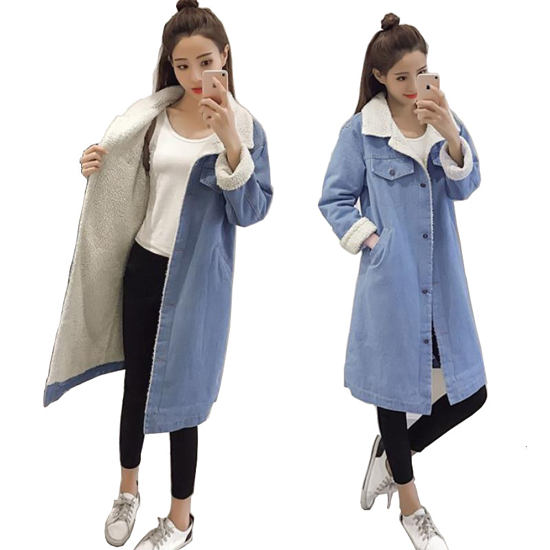 Women&#039;s Jackets Autumn Fur Jean Denim Women Warm Winter Outerwear Front Button Flap Pockets Blue Bomber Jacket Female Long Coat