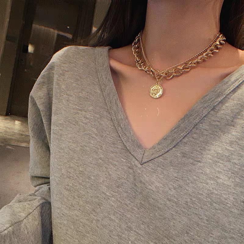 Double Layer Punk Cuban Carved Coin Pendant Choker Necklace Gold Silver Color Chunky Thick Chain Portrait Women Jewelry Necklaces