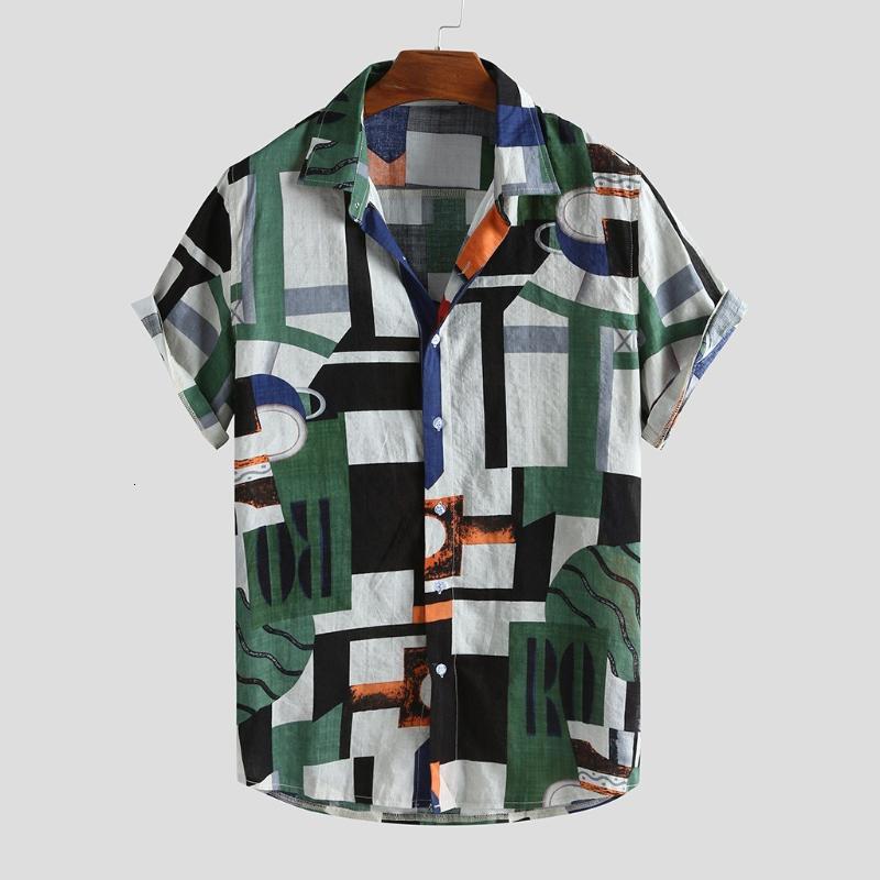 Men&#039;s Casual Mens Shirts Hawaiian Blouses Short Roll Up Sleeve Turn Down Collar Button Streetwear Geometric Print Chemise Homme