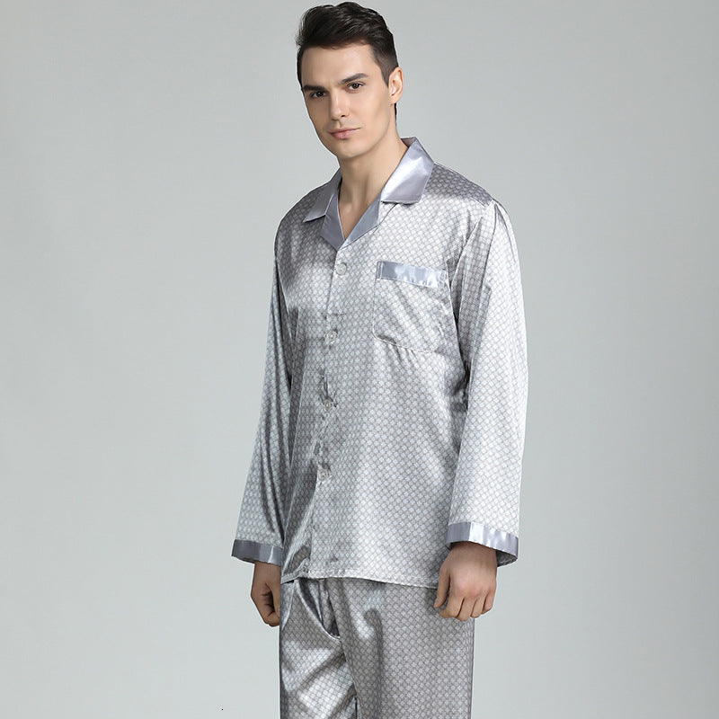 Men&#039;s Sleepwear 2 Pieces Printed Stain Silk Pajamas Sets Spring Summer Men Long-sleeved Nightwear Suits Plus Size Home Clothing DR