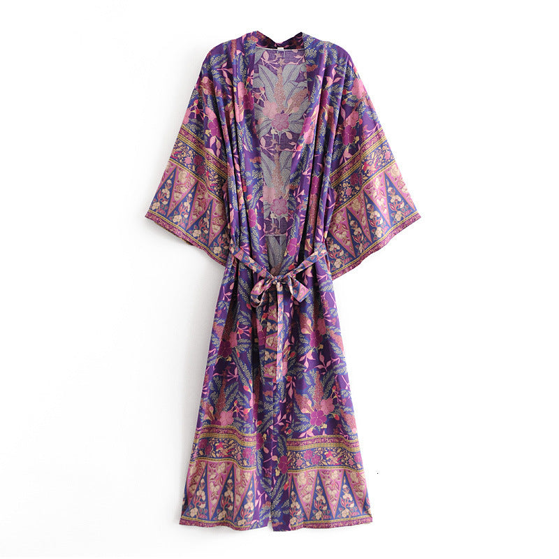 Women&#039;s Blouses & Shirts Women Long Kimono Cardigan Summer Purple Floral Print Bohemian Sashes Maxi Robe Beach Boho Shirt Loose Co