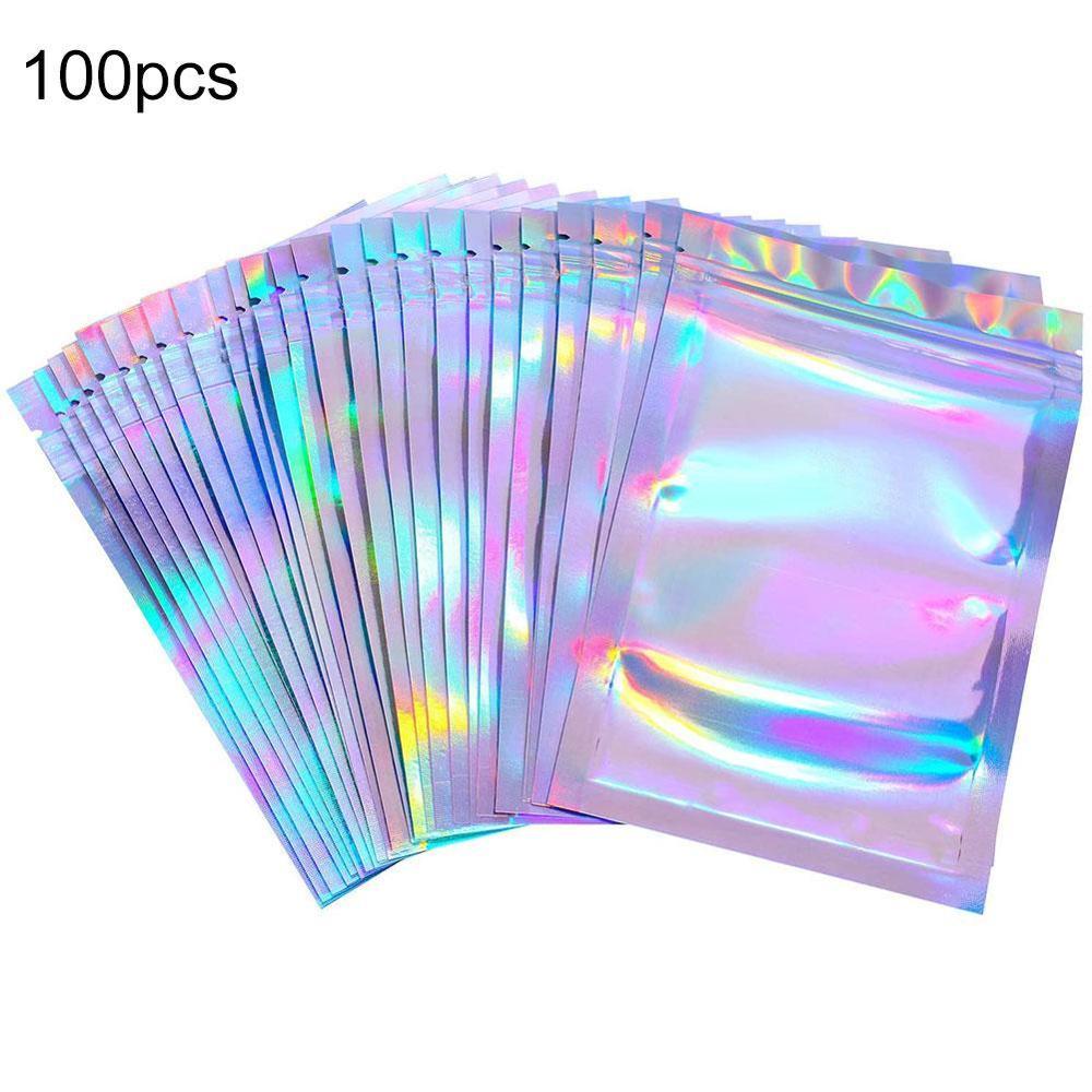 100pcs 4 Sizes Flat Bath Salt Cosmetic Bag One Side Clear Holographic Mini Aluminum Foil Zip Lock Bags Thick