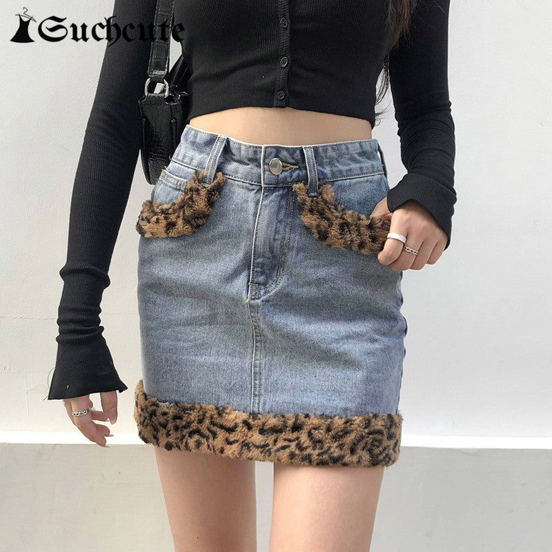 Skirts Straight Mini Skirt y2k Aesthetic Leopard Patchwork Women&#039;s Demin Streetwear Gothic E girl Party Outfits 0815