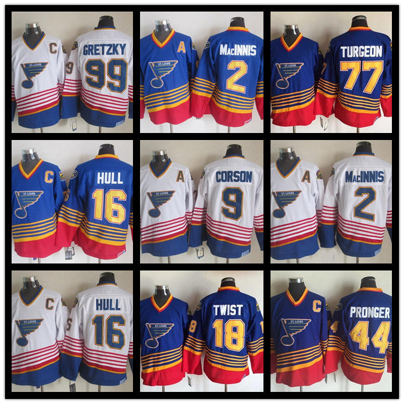Vintage St. Louis Blues Hockey Jerseys 44 Chris Pronger 9 Shayne Corson 18 Tony Twist 77 Pierre Turgeon Al Macinnis Brett Hull Wayne Gretzky uniform