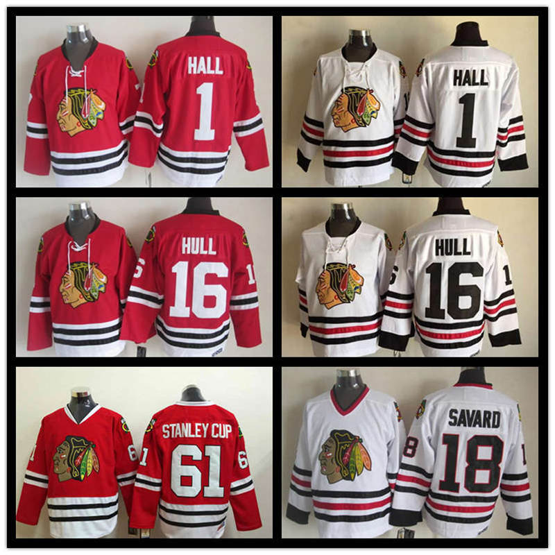 New 16 Brett Hull Hockey Jerseys Ice Jersey Men Chicago Blackhawks 1 Glenn Hall 18 Denis Savard 61 Stanley Cup Vintage CCM SHIRT UNIFORM
