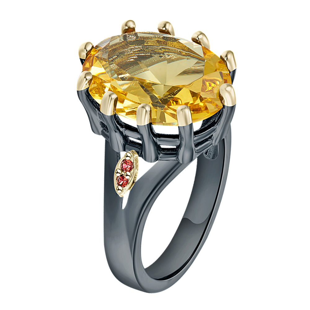 Christmas Gift Big Oval Golden Zircon Ring Cool Black 2 Tone Jewellery Luxury Large Stone Jewelry For Women
