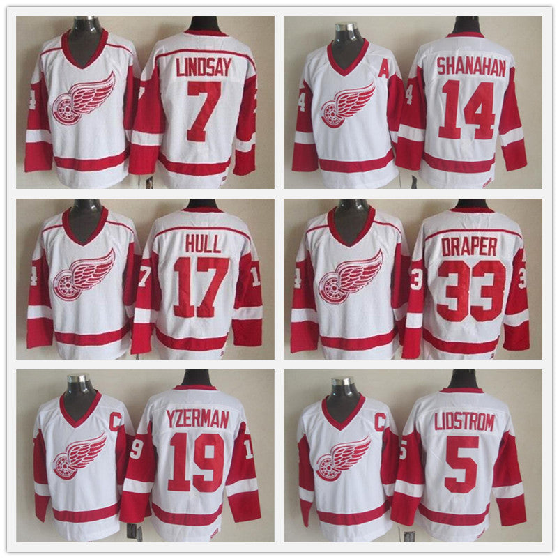 Mens Detroit Red Wings Hockey Jersey 14 SHANAHAN 24CHELIOS 19 Steve Yzerman 9 Gordie Howe white Jersey shirt uniform