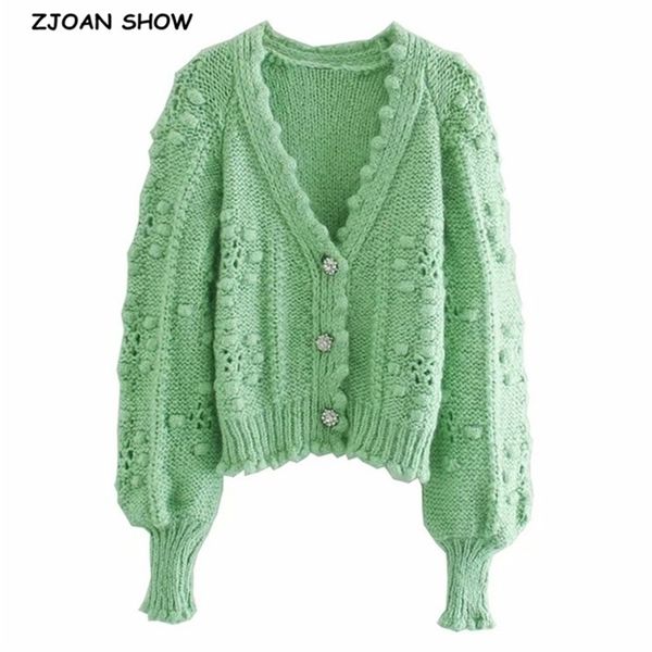 Vintage Korea Style Knitting Ball Cardigan Women Diamond Single-breasted Button Long Lantern Sleeve Sweater Jumper Knitwear 210429