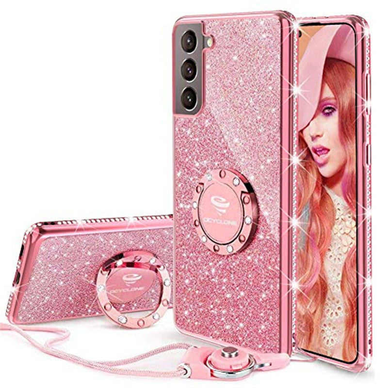 Women Girls Glitter Cute Phone Cases with Ring Kickstand, Bling Diamond Rhinestone Bumper Protective Soft Case for iPhone 13 12 11 Pro Galaxy Samsun