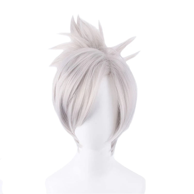 LOL Riven the Blade of Exile Wig Cosplay Costume Short Silver White Synthetic Hair Wigs with Chip Ponytail + Hairnet
