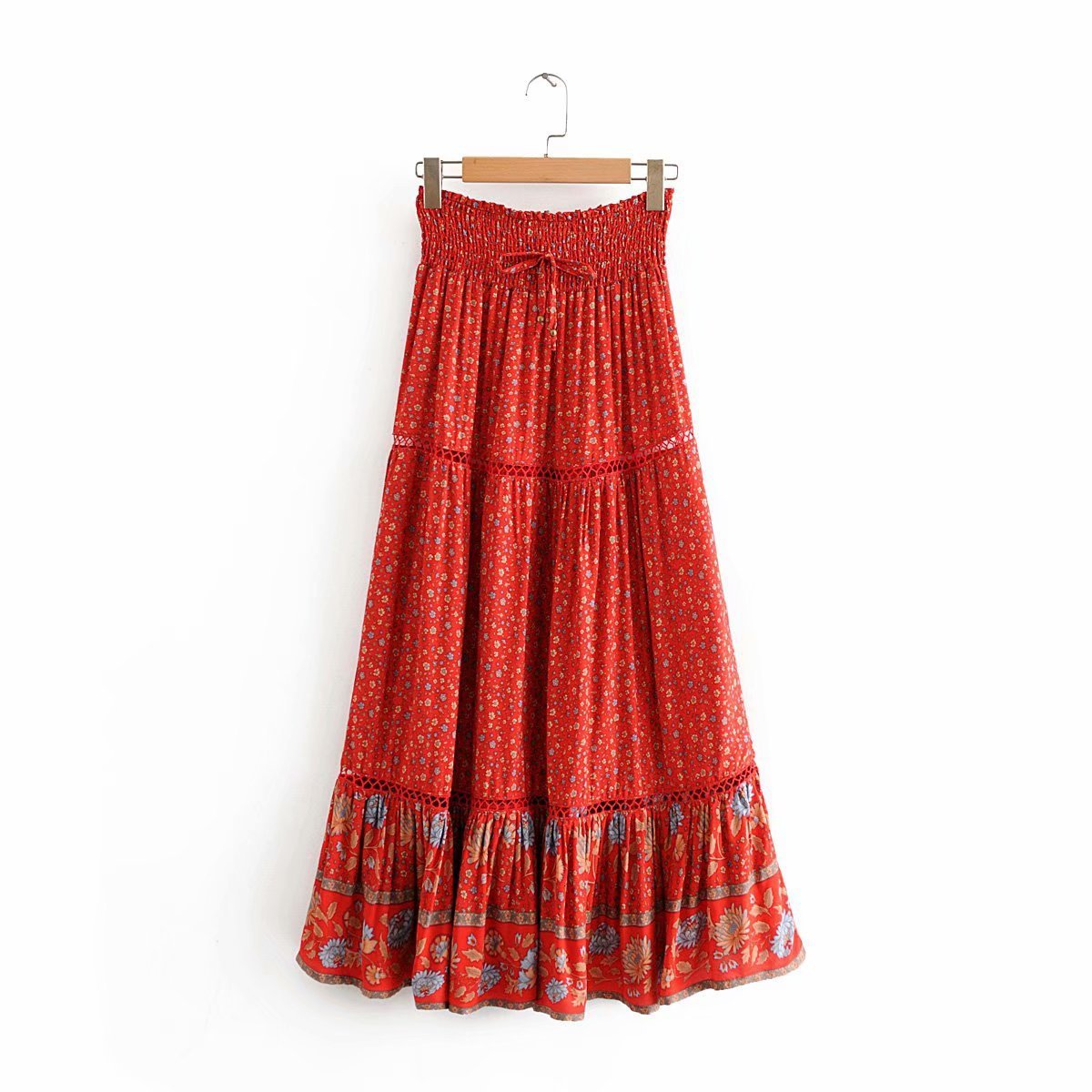 Casual Dresses Women summer Bohemian beach skirts red floral print elastic waist tied holiday seaside maxi skirt spring long boho