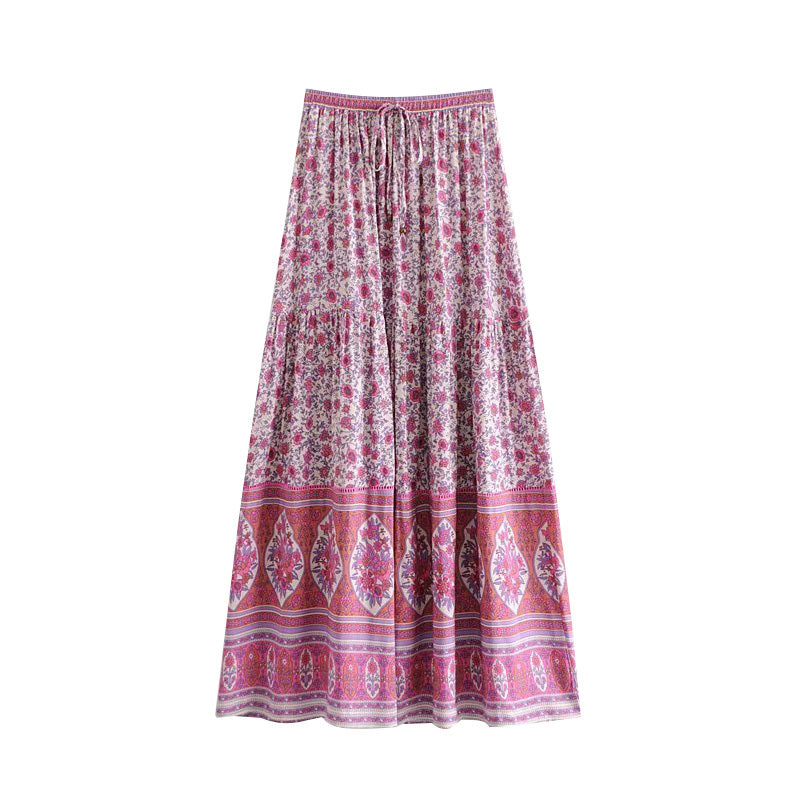 Casual Dresses Women summer beach long skirts pink floral print vintage bohemian holiday seaside casual maxi elastic waist drawstr