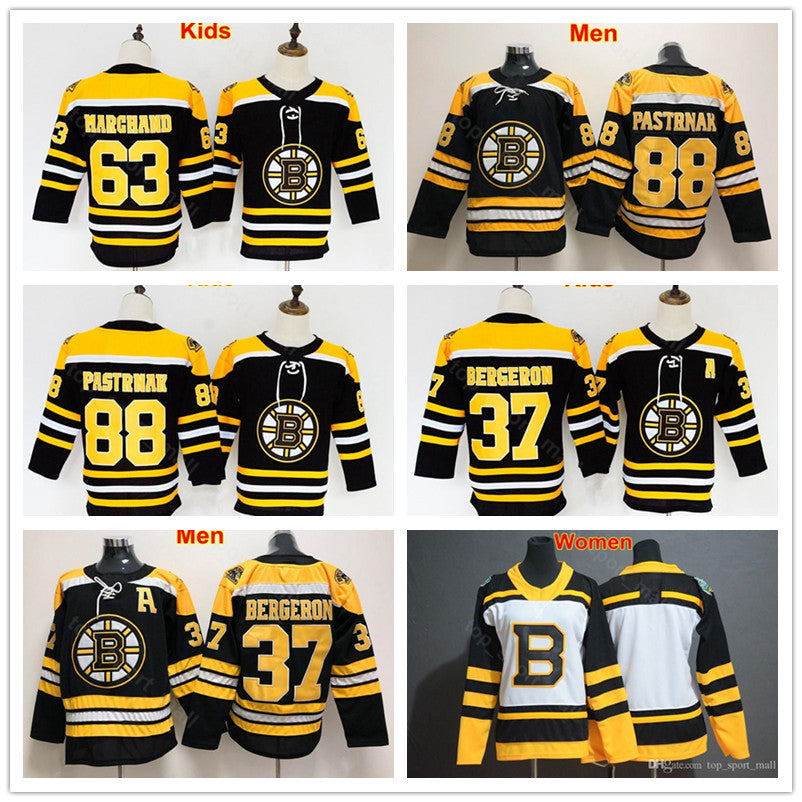 Men Lady Youth Boston Bruins Jersey Ice Hockey 37 Patrice Bergeron 63 Brad Marchand 88 David Pastrnak Women Jerseys Black Man Kids Children UNIFORM