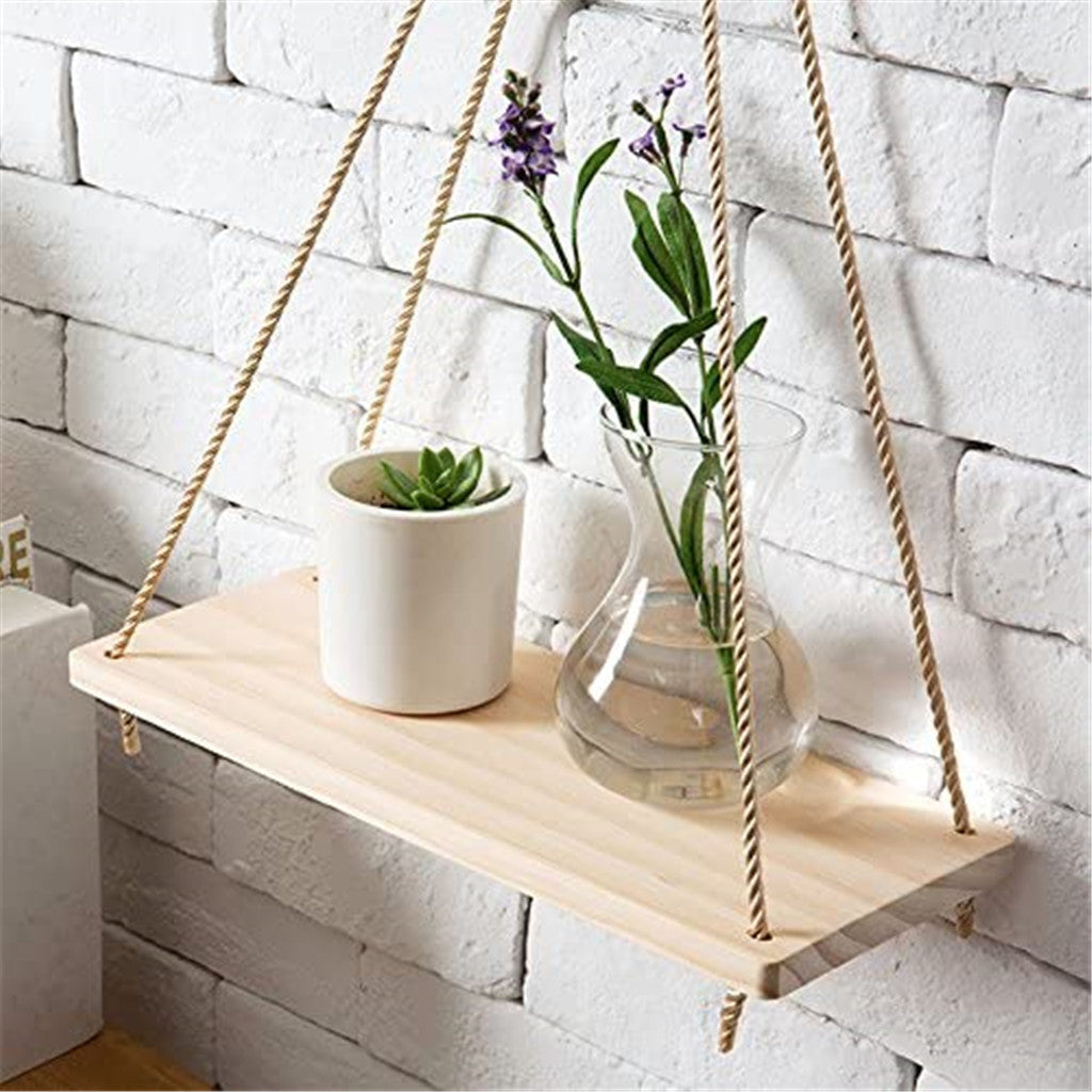 Swing wood ribbon wall rope hanging shelves floating plant flower vase interior decoration in the open air simple design