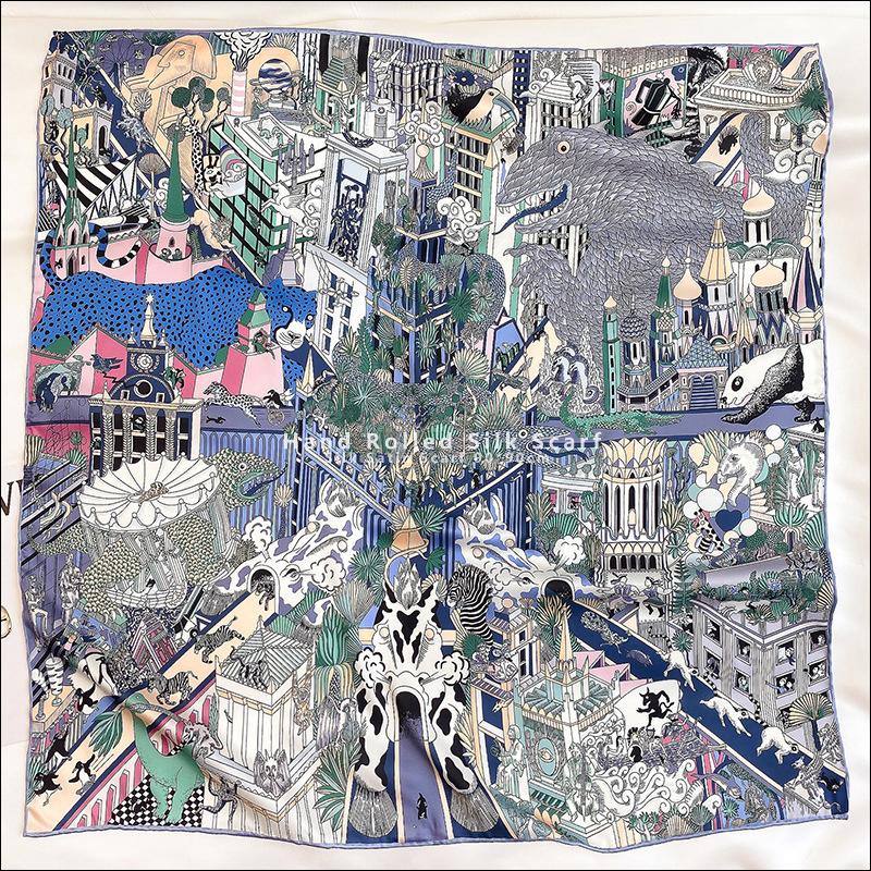 Animapolis Silk Scarf Hand Rolled Edges Top Manual Scarfs 90x90 Designer Satin Scarves Foulard En